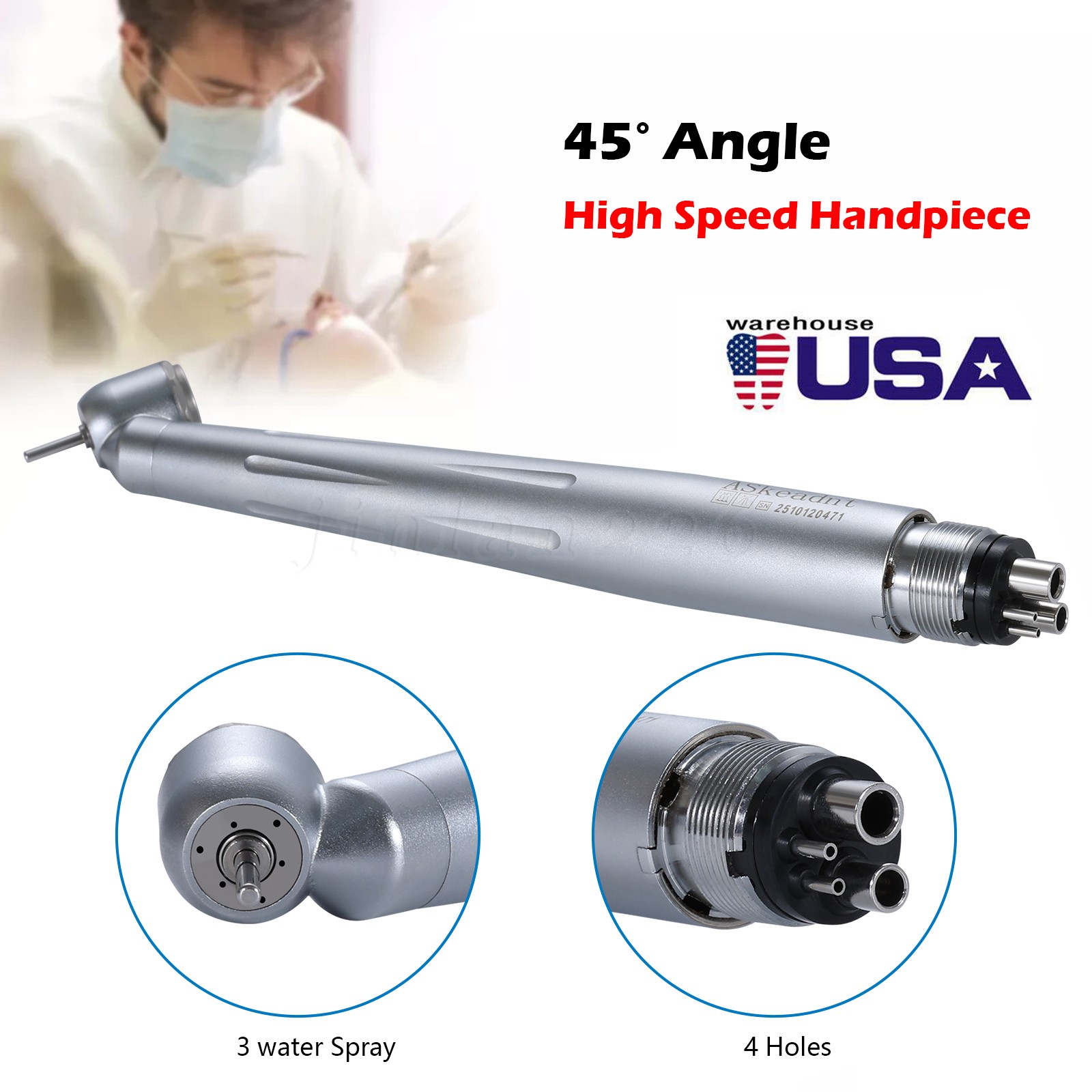 Dental Handpiece High Speed Push Button STANDARD 45° HEAD 4-Hole