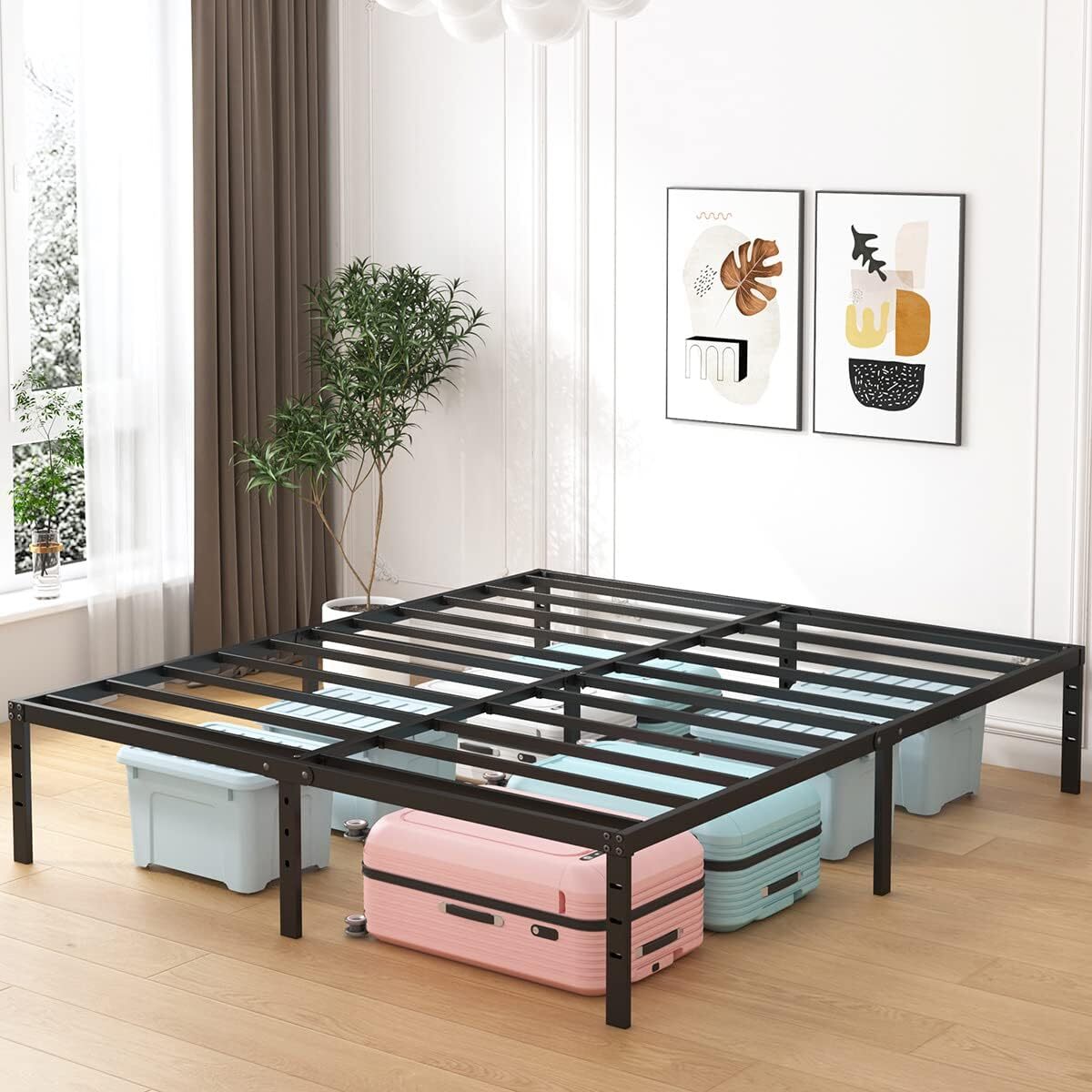 18 Inch Tall King Size Bed Frame Underbed Storage, Easy Assembly Heavy Duty