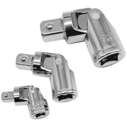 3 Pcs Universal Joint Socket Set, Ball Spring Design, 1/4", 3/8", 1/2" Chrome