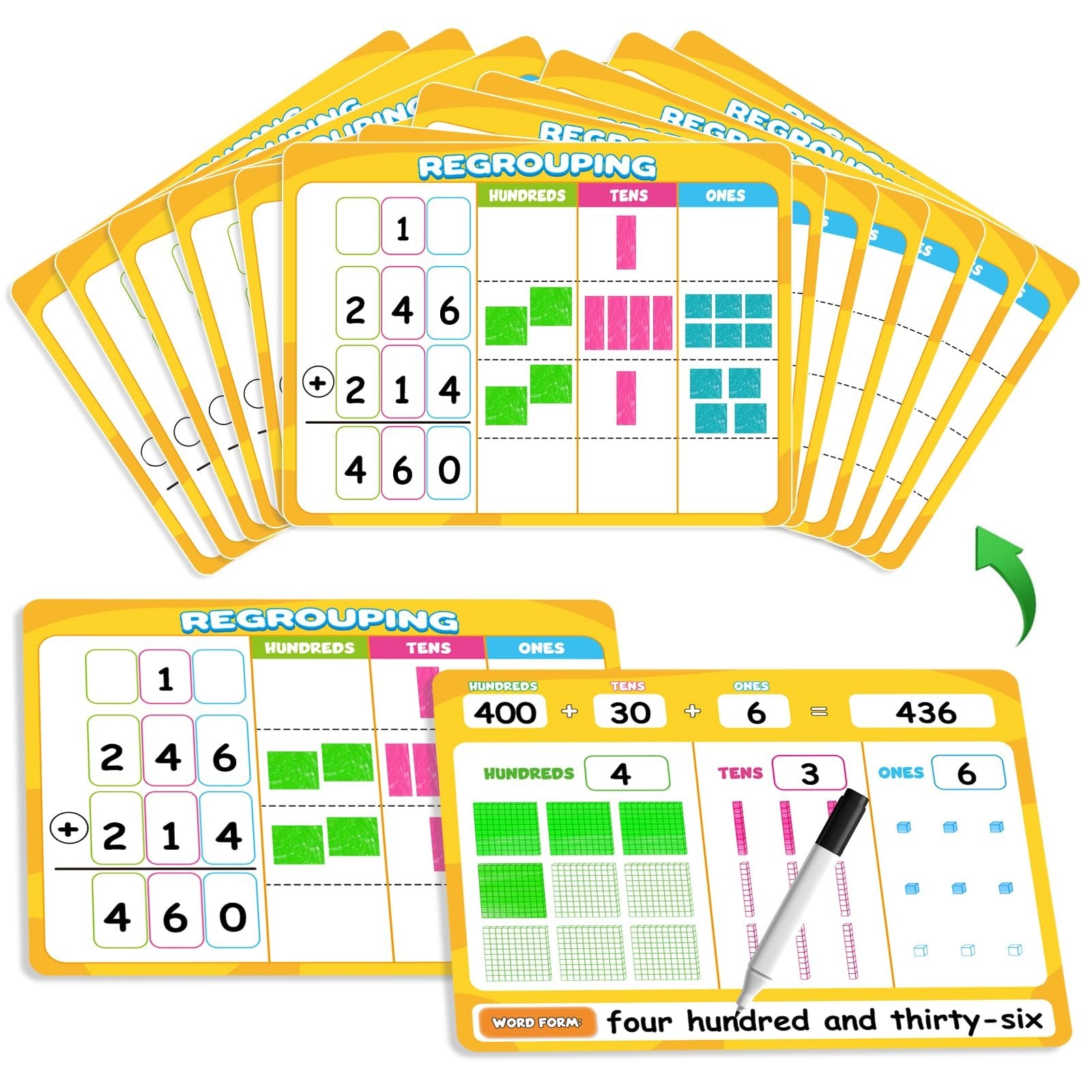 12 Packs Dry Erase Place Value Chart, Math Games for Kids Addition and Subtra...