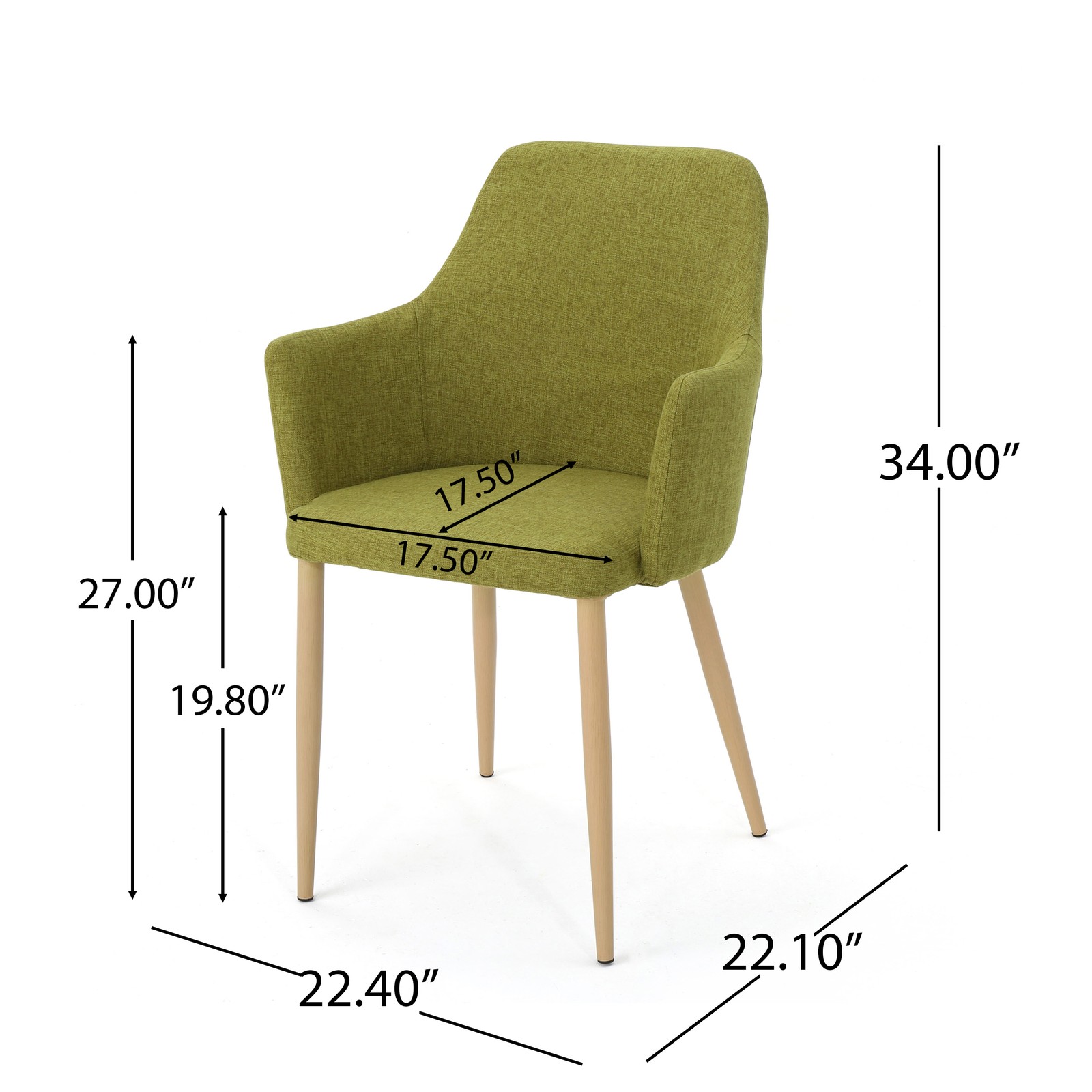 Green Fabric Dining Chairs Set of 2, Wood Finish Iron Frame Contoured Seat