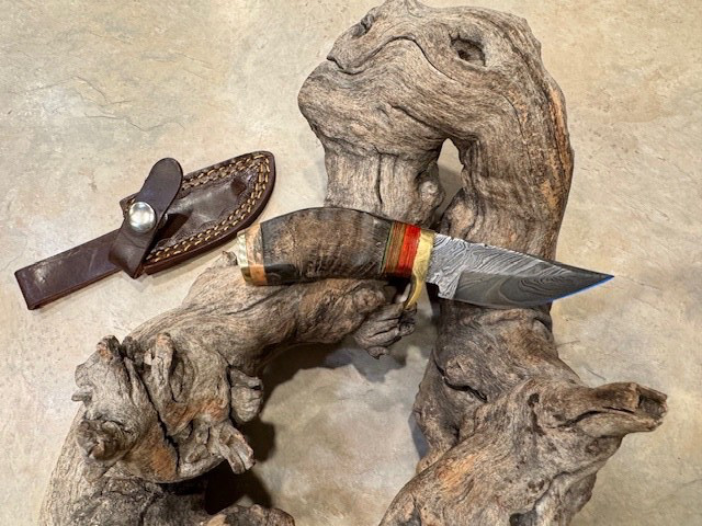 Sweet Mini Rams Horn Damascus Bowie knife in leather sheath