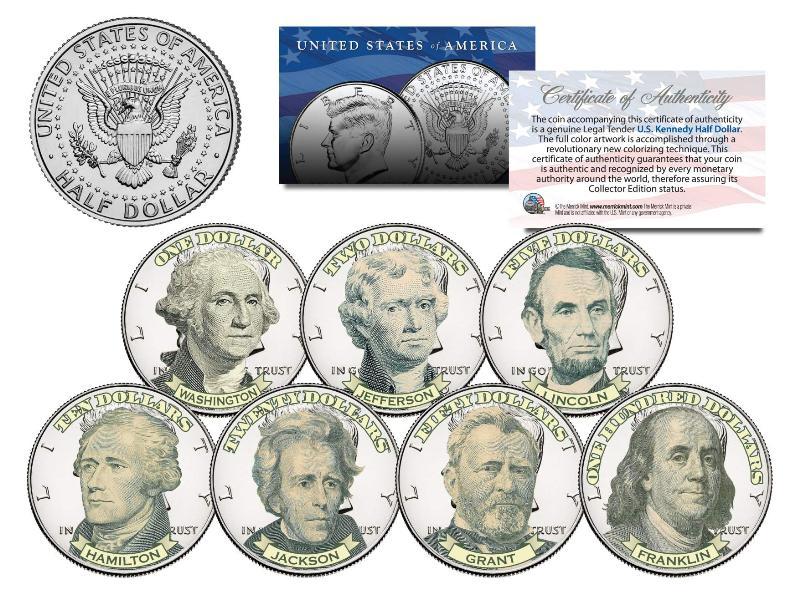 US BANKNOTES PORTRAIT DESIGN - First Ever - Colorized JFK Half Dollar 7-Coin Set