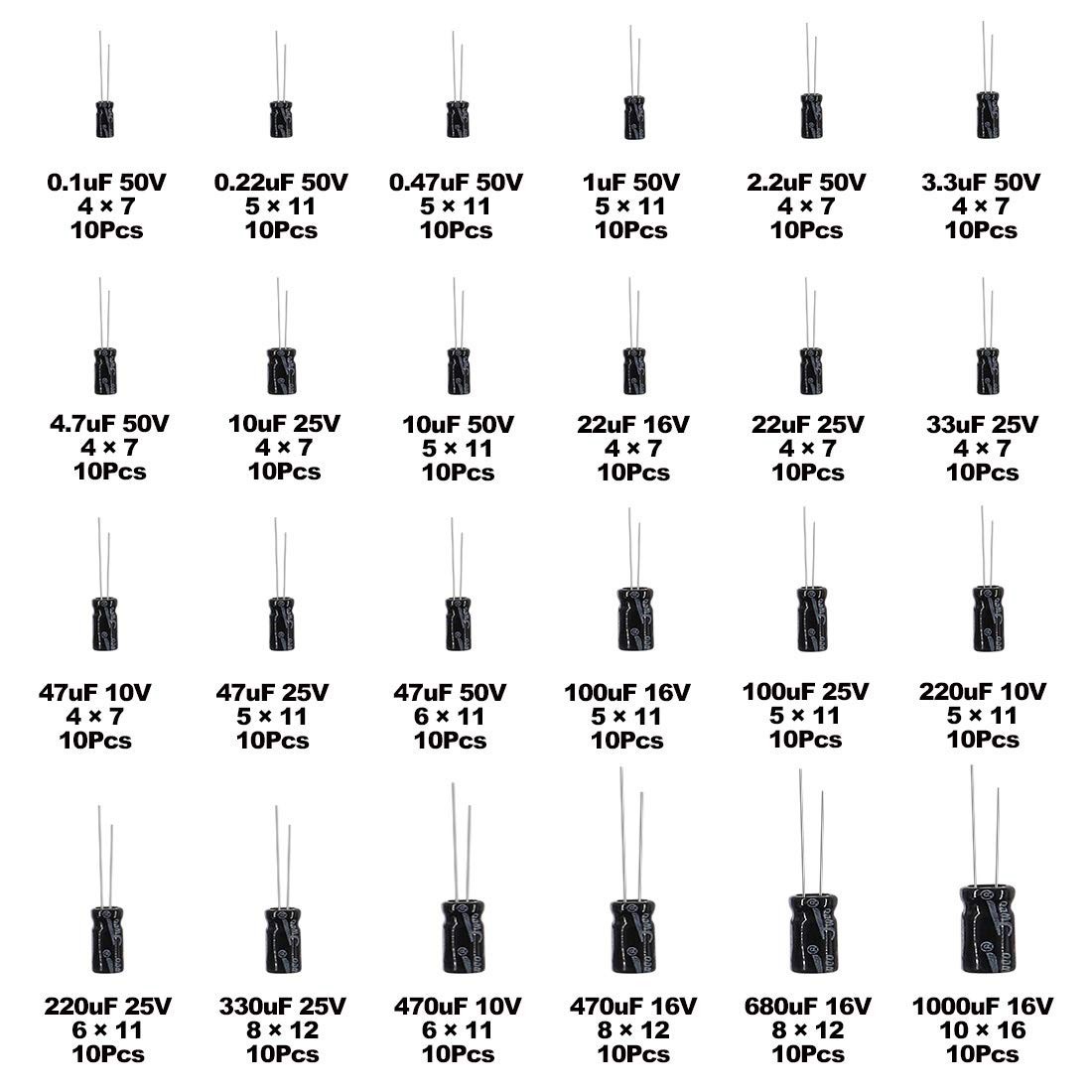 Comprehensive 240Pcs Assorted Capacitor Kit - 0.1uF to 1000uF for Electronics