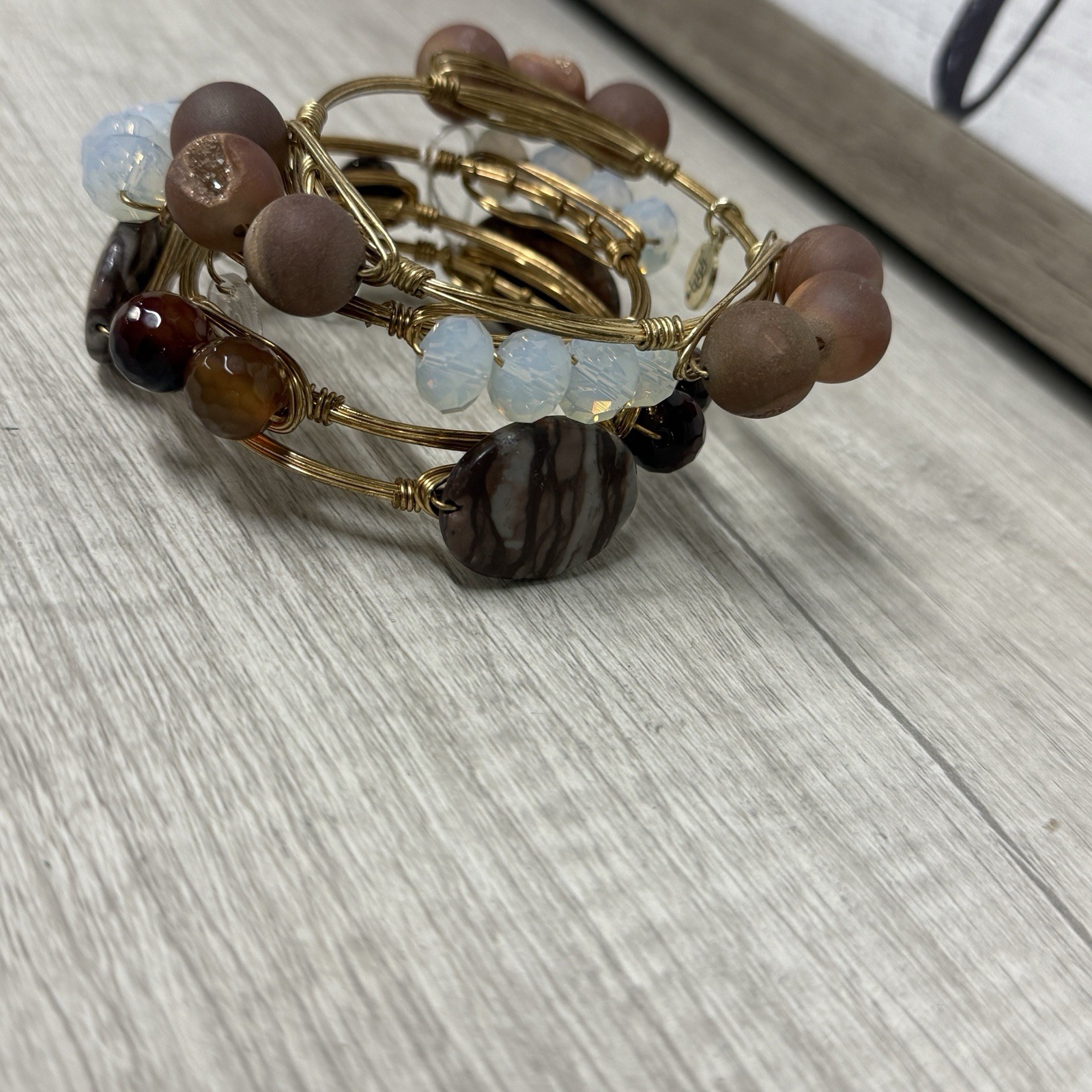 Curated Earthy Boho Bracelet Stack Wire Wrapped Agate Opalescent Artisan