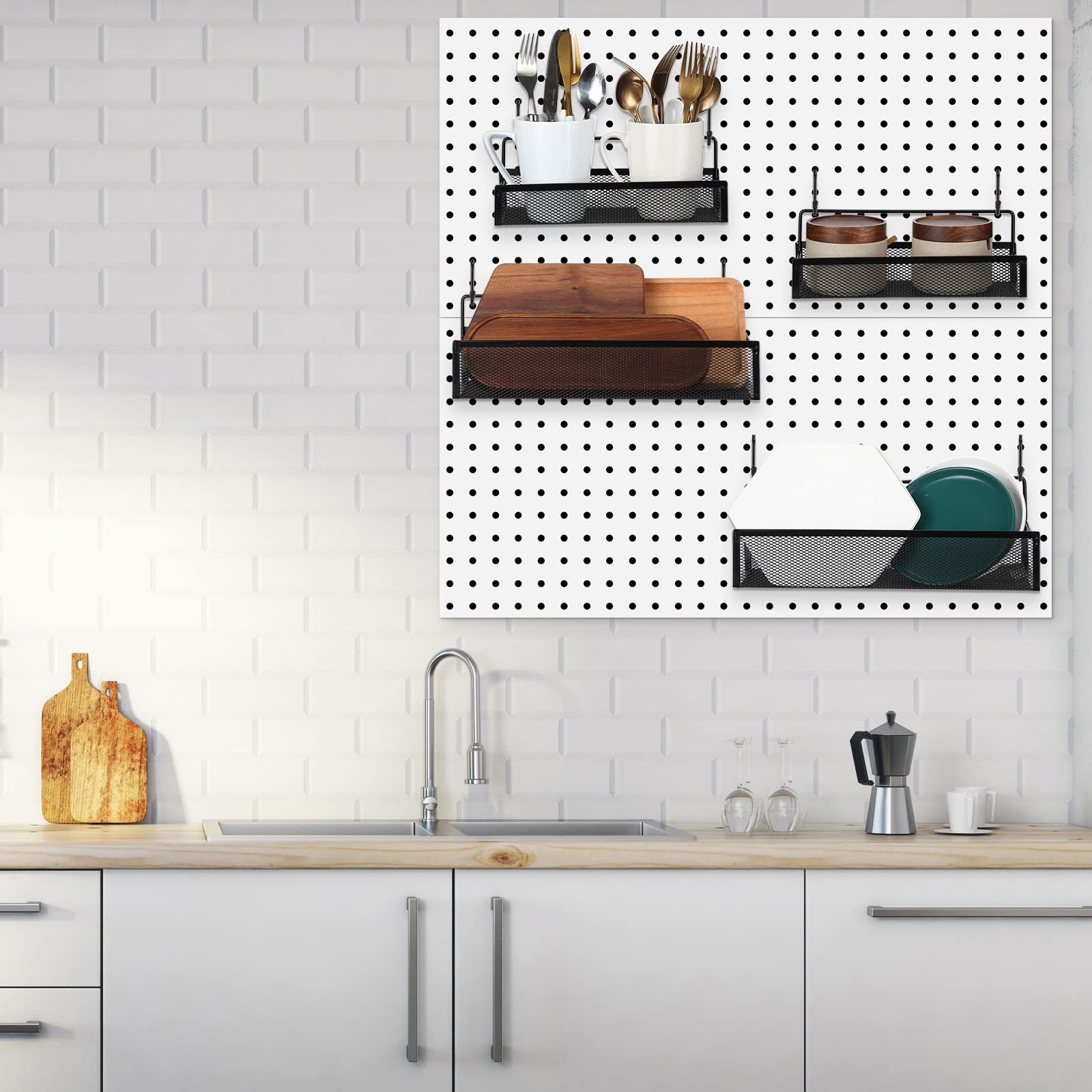 4 PCS Metal Pegboard Baskets with 8 Black Hooks Organizer Accessories
