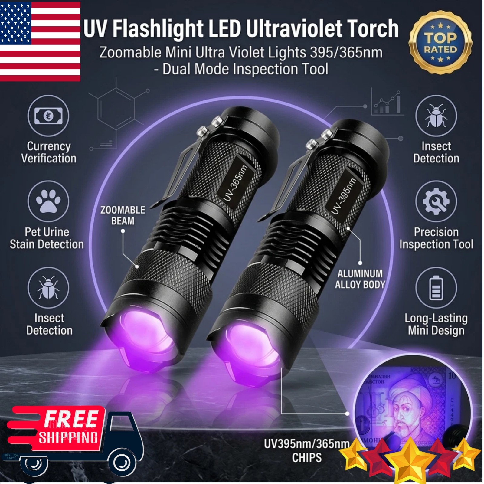 UV Flashlight LED Ultraviolet Torch 365nm 395nm Dual Light – Zoomable Mini Black