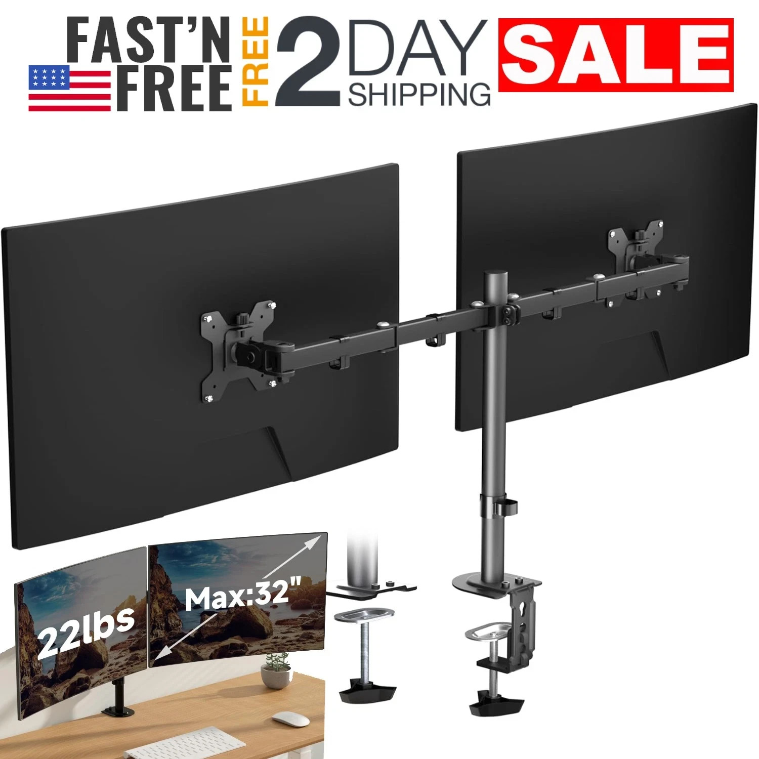 Brazo Doble Para Monitor De Hasta 32 Pulgadas 360 Giratorios Curvo Heavy Duty US