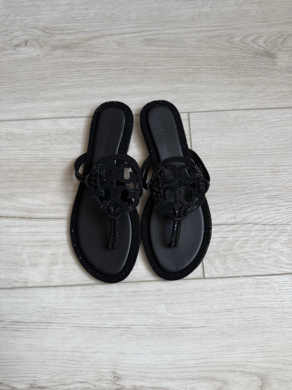 Tory Burch Black Rhinestone Logo Thong Sandals Women Slip On Casual Summer