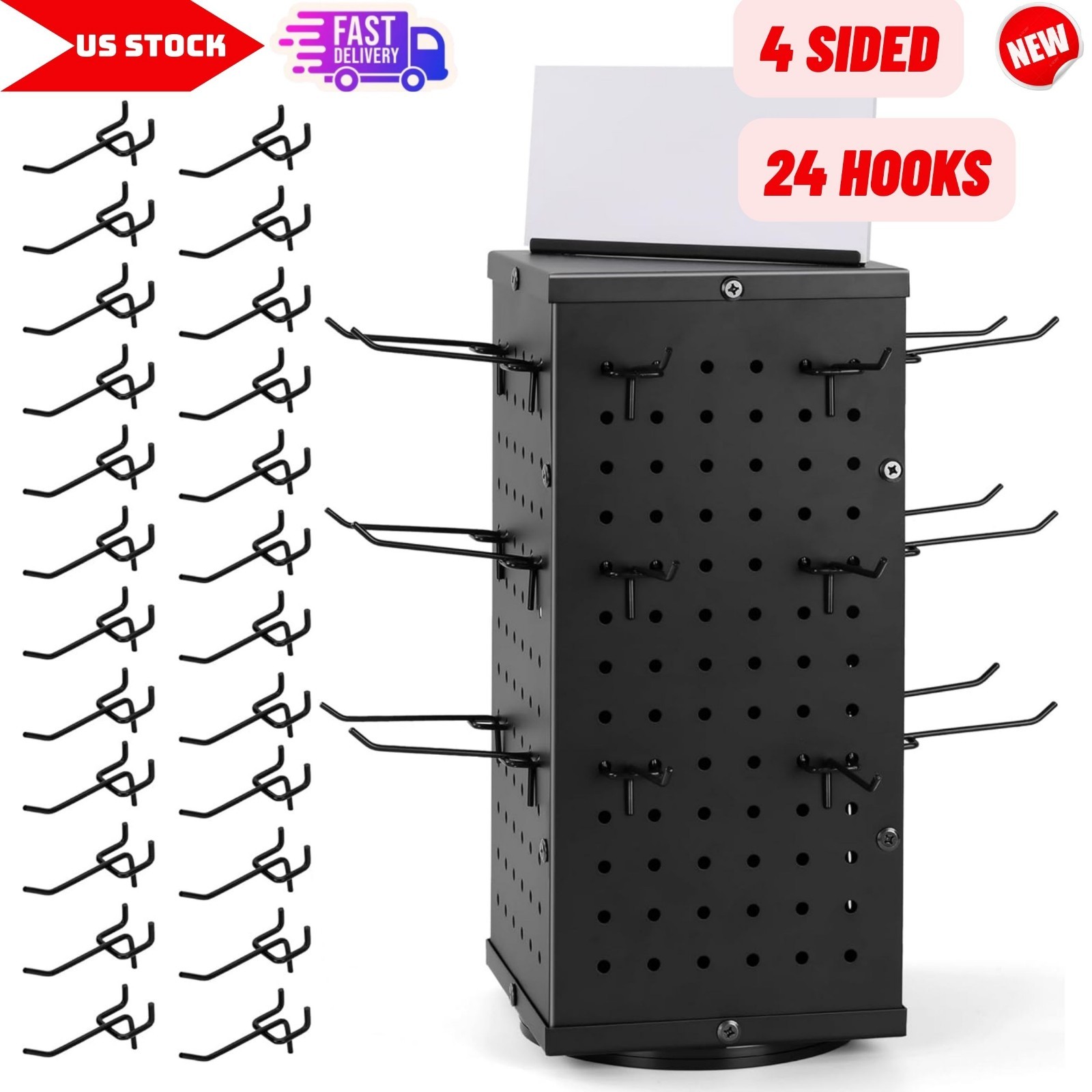 Rotating Pegboard Display Stand With 24 Hooks, 4-Sided for Products, Accessories