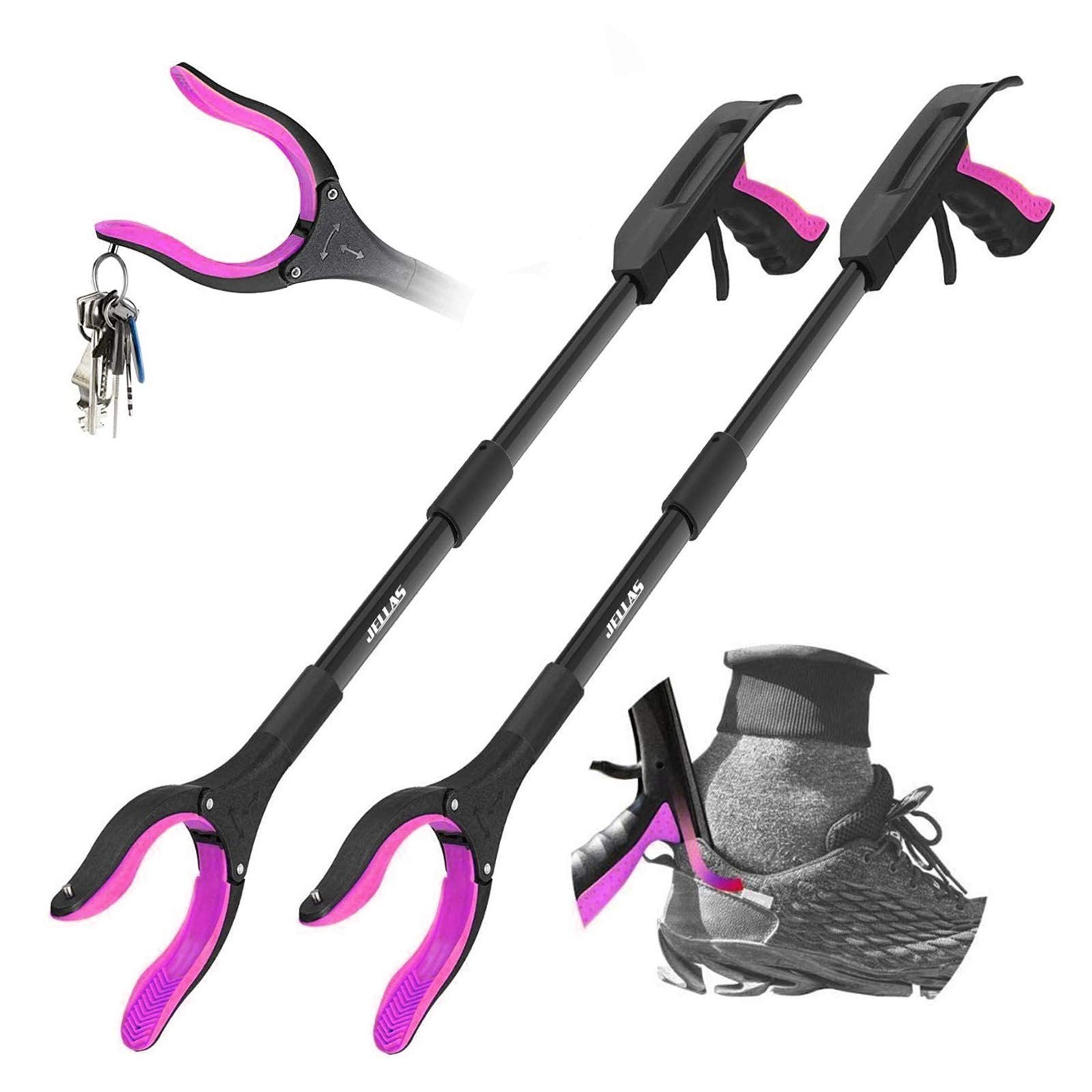 Jellas 2-Pack 32 Inch Grabber Reacher Tool with Shoehorn, 90° Rotating Head