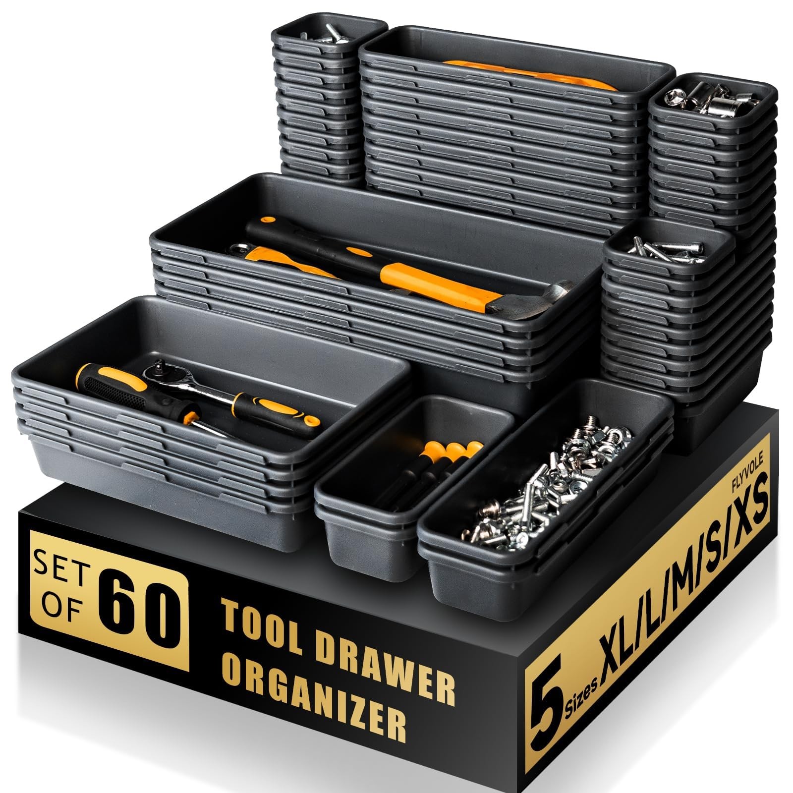[60 PCS Upgraded] FLYVOLE Tool Box Organizer Tray, Toolbox Desk Drawer Organizer