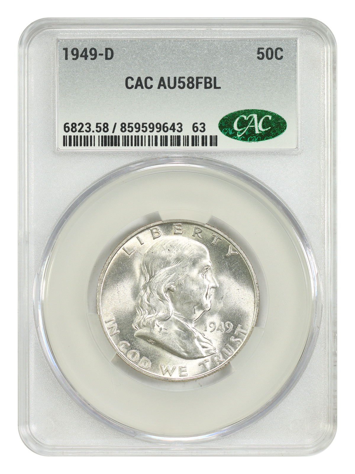 1949-D 50C CACG AU58FBL - Franklin Half Dollar - Popular Key Date
