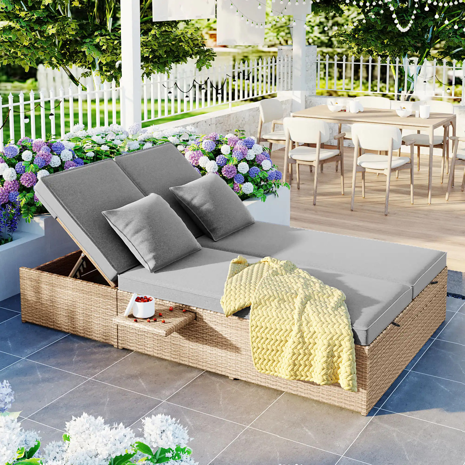 2-Piece Patio Wicker Sunbed Rattan Reclining Chairs with Trays Brown