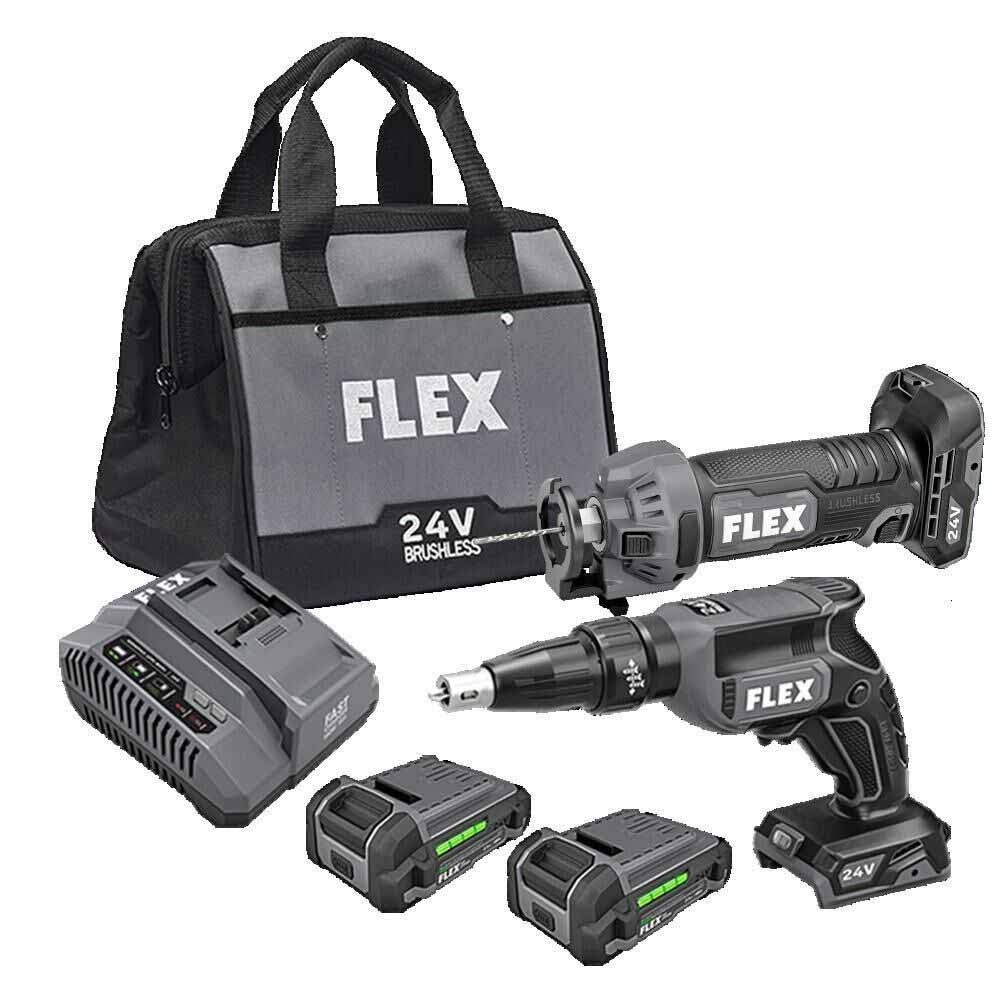 Flex FXM203-2AA 24V Cordless Drywall Screw Gun & Drywall Cut Out Tool Combo Kit