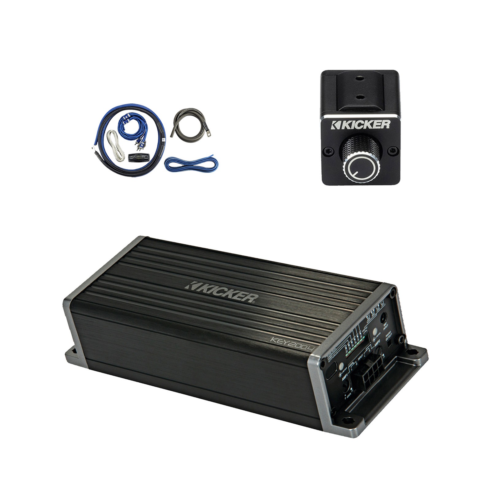 Kicker KEY200.4 200W 4-Channel  Auto-EQ Amplifier, Dual Bass Remote, Install Kit