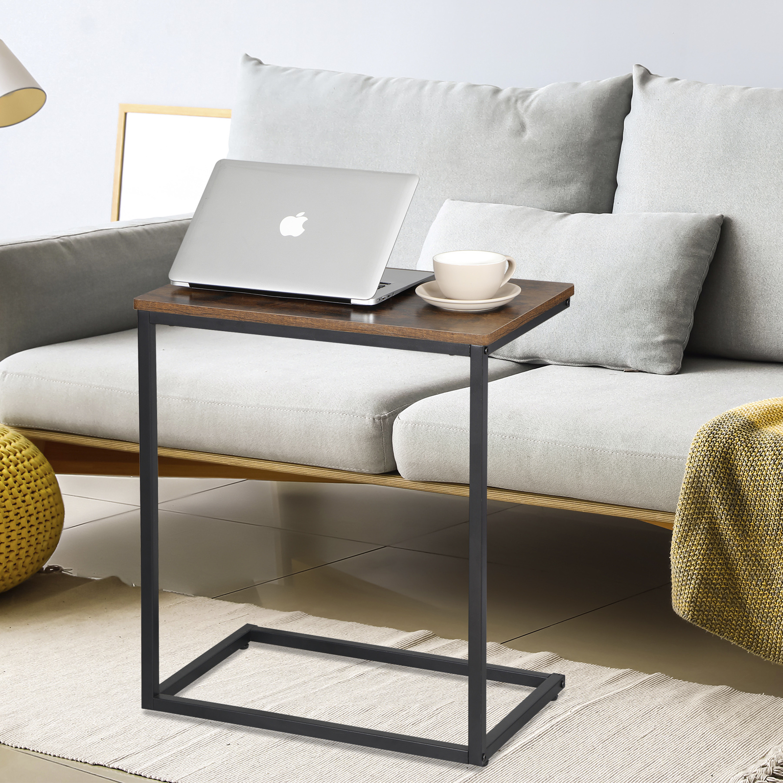 2X C Shaped End Table Living Room Side Table for Couch Slide Under Rustic Brown