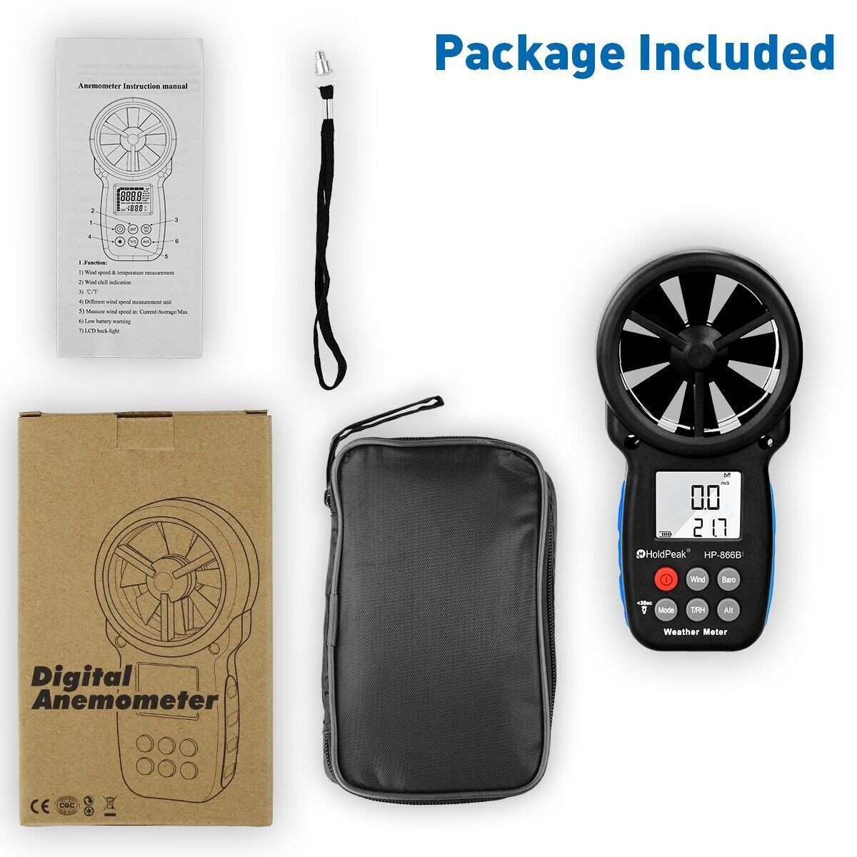 Digital Handheld Anemometer with Bluetooth & Temp Sensor - 30m/s Max Wind Speed