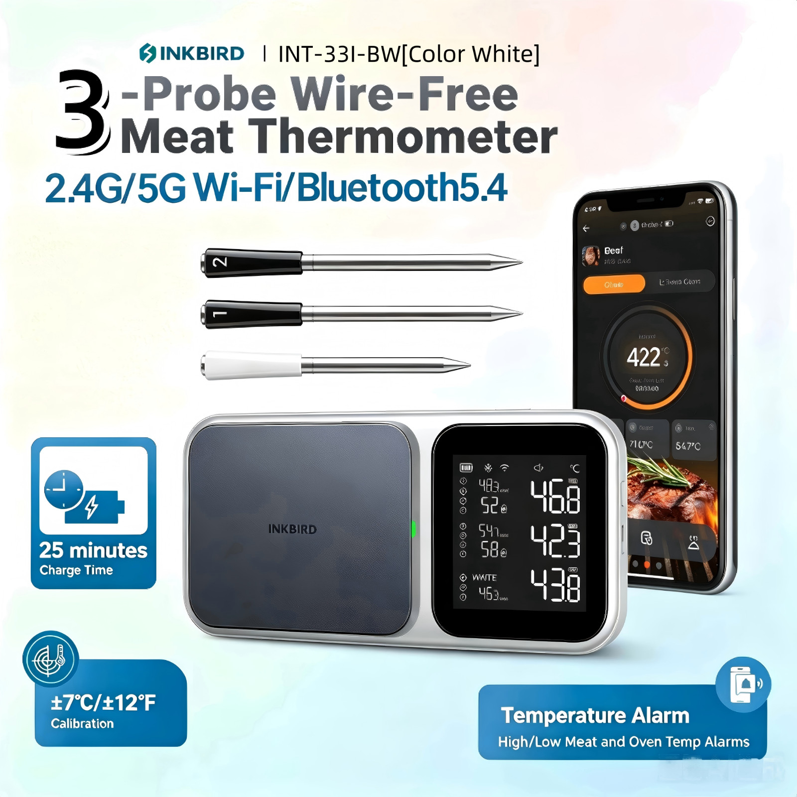 INKBIRD BBQ Meat Thermometer 3 Probe 5G Wifi Bluetooth Calibration Alarm Cooking