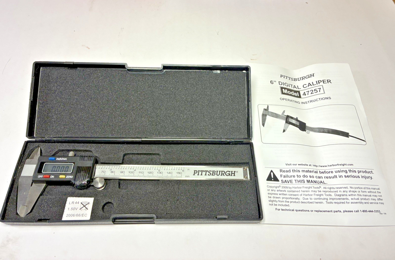 Pittsburgh 6" Digital Caliper Model 47257 w/Case And Instructions/Extra Battery