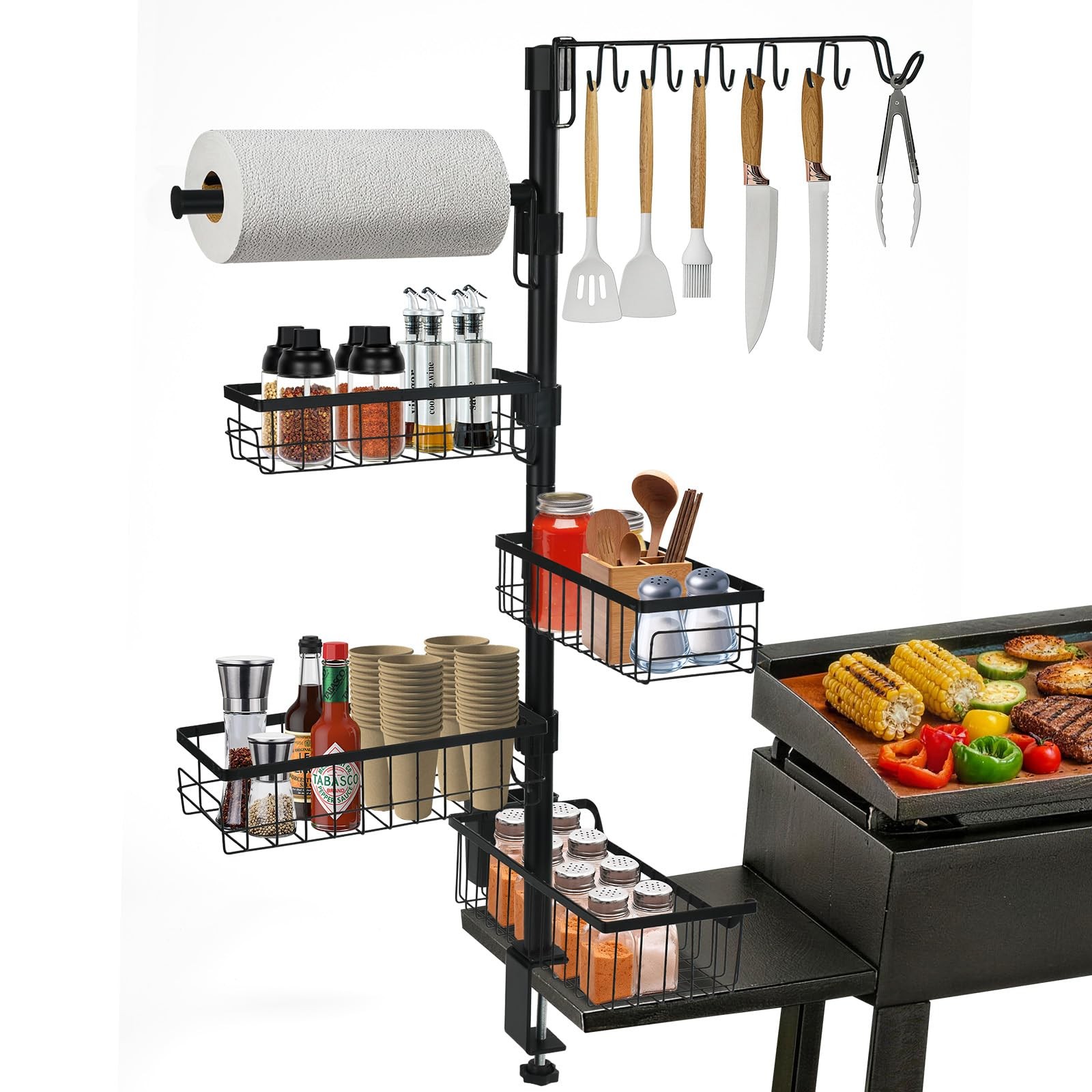 10-in-1 Griddle Caddy, Outdoor BBQ Organizer Rack with Paper Towel Holder, Ut...
