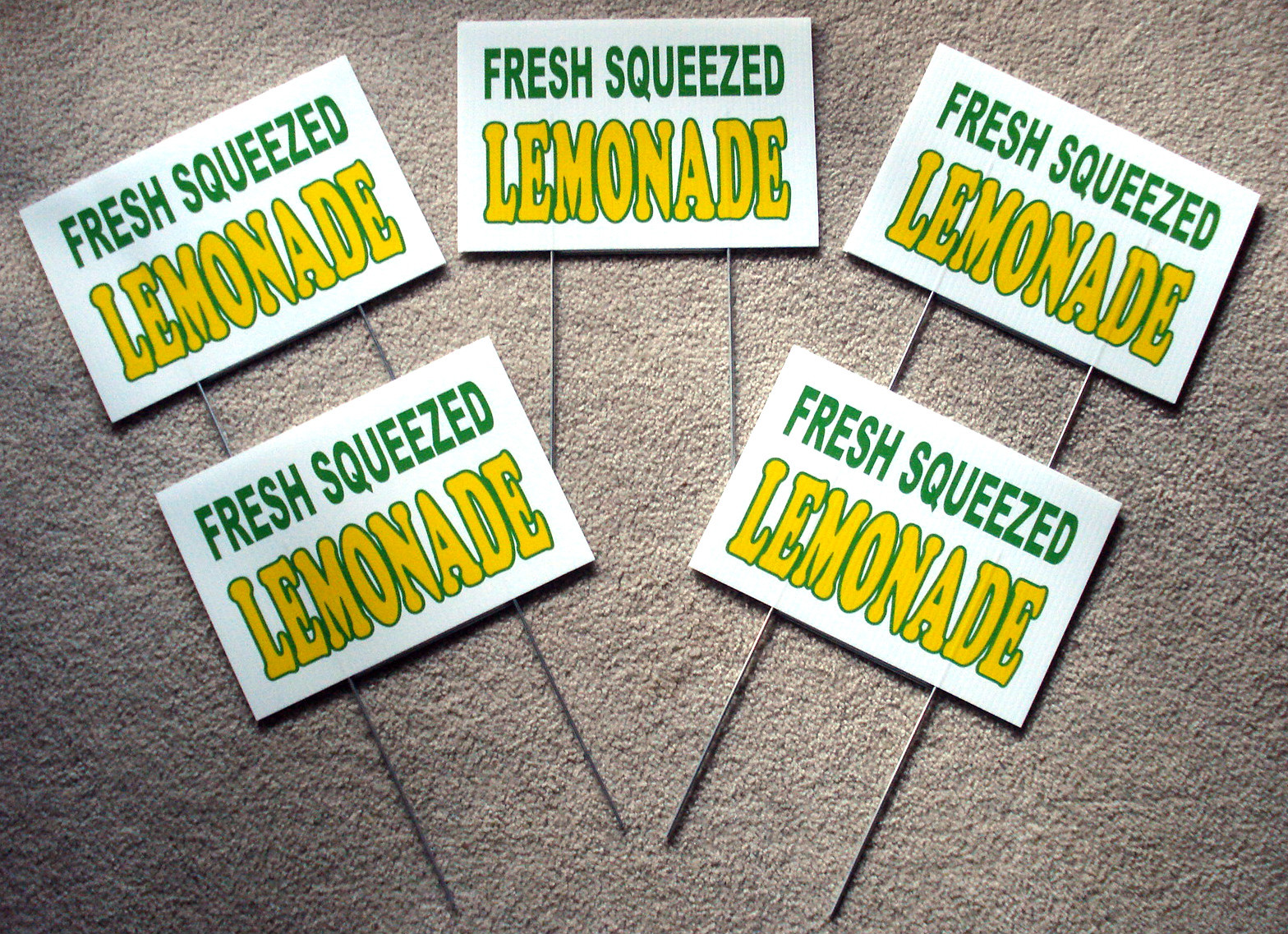 5 Fresh Squeezed LEMONADE Coroplast SIGNS 8" X 12" Concession Stand w/stakes USA