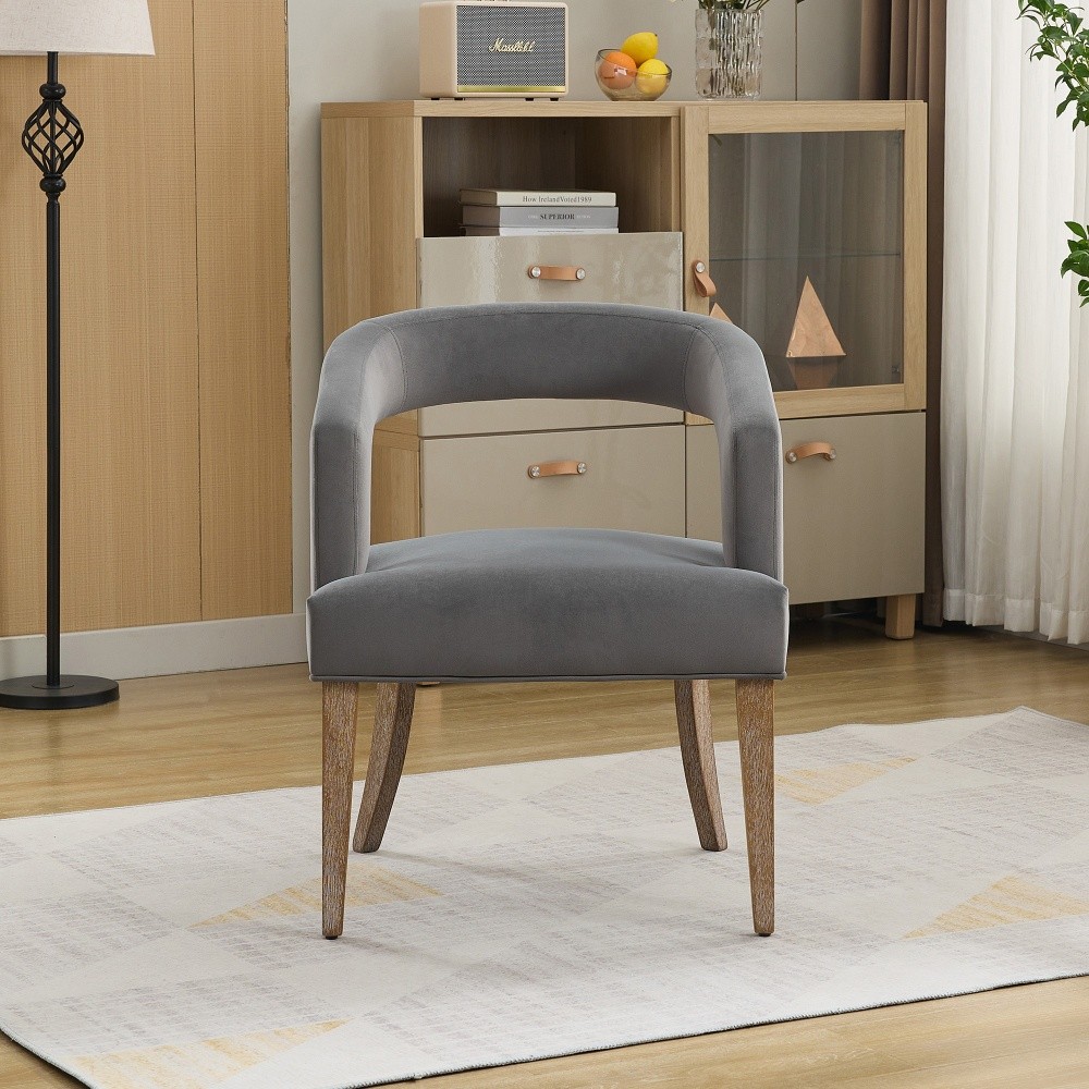 Gray Velvet Barrel Open Back Upholstered Accent Chair with Solid Wood LegsChairs