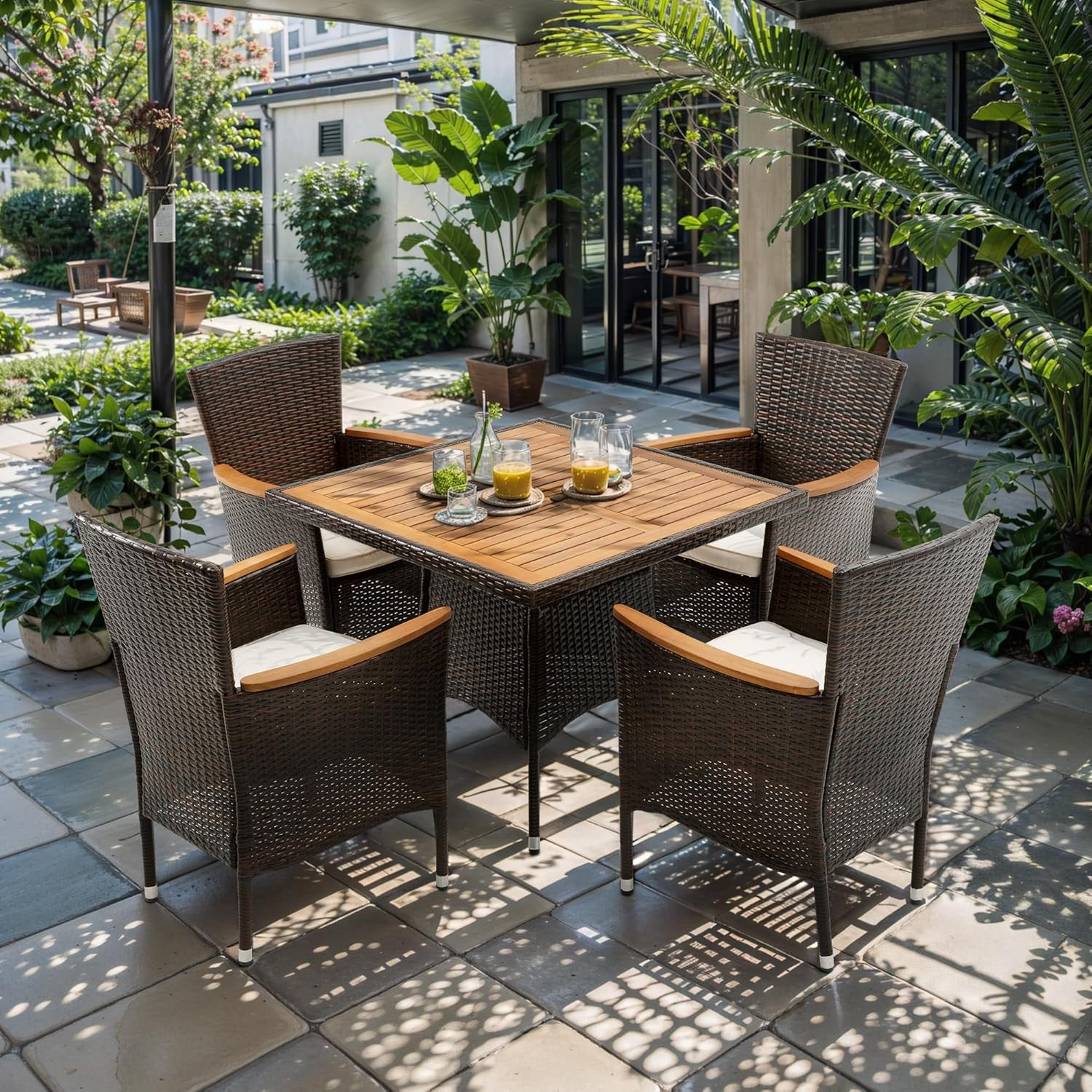 Stylish 5-Piece Brown Wicker Patio Dining Set for 4 with Cushions