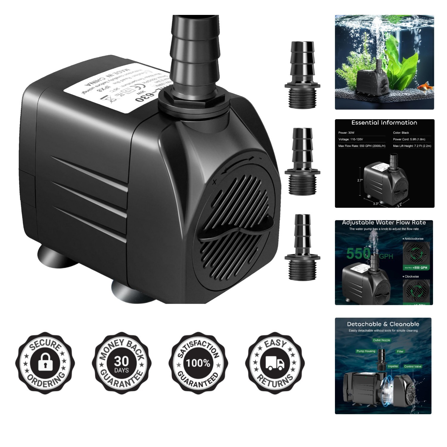 High Efficiency 30W Pump - 550GPH Flow Rate, Perfect for Aquariums & Fountains