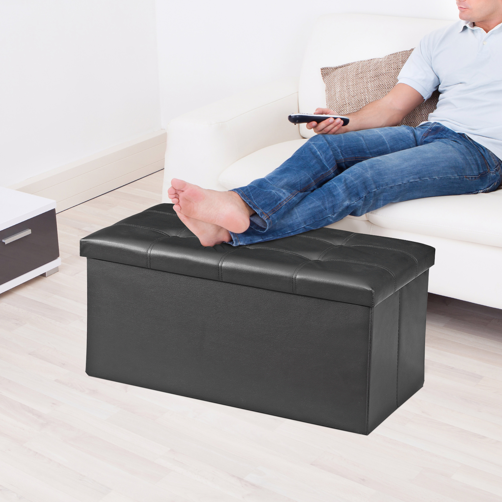 30" Folding Storage Ottoman Footstools MDF Frame Hallway Soft Seat Black