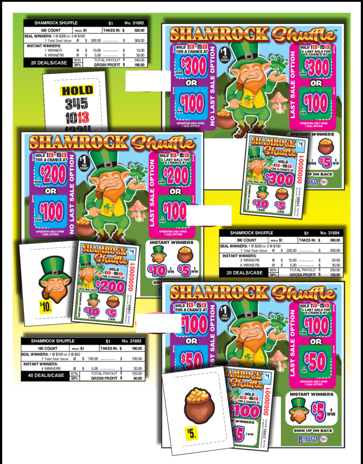 Pull Tab Ticket - Hard Card- Game - Multi Pack Shamrock Shuffle - 180, 380, 520