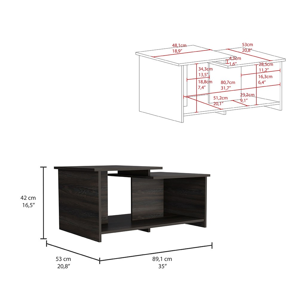 Modern Coffee Table, Two-Level Top with Open Shelf, 35"W x 20.9"D