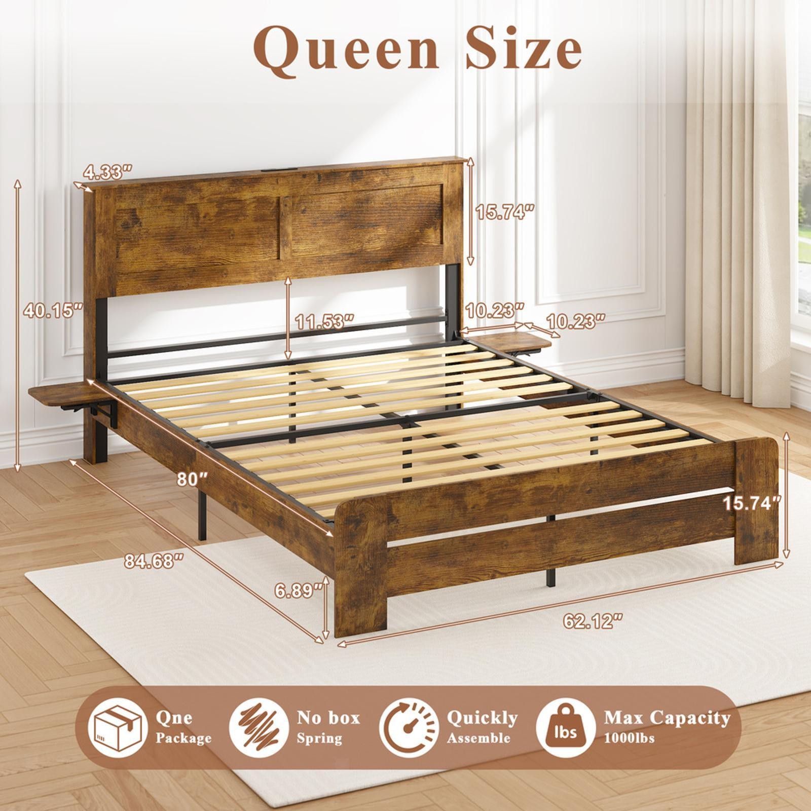 Rustic Industrial Farmhouse Bed Frame with Blue LED & Storage