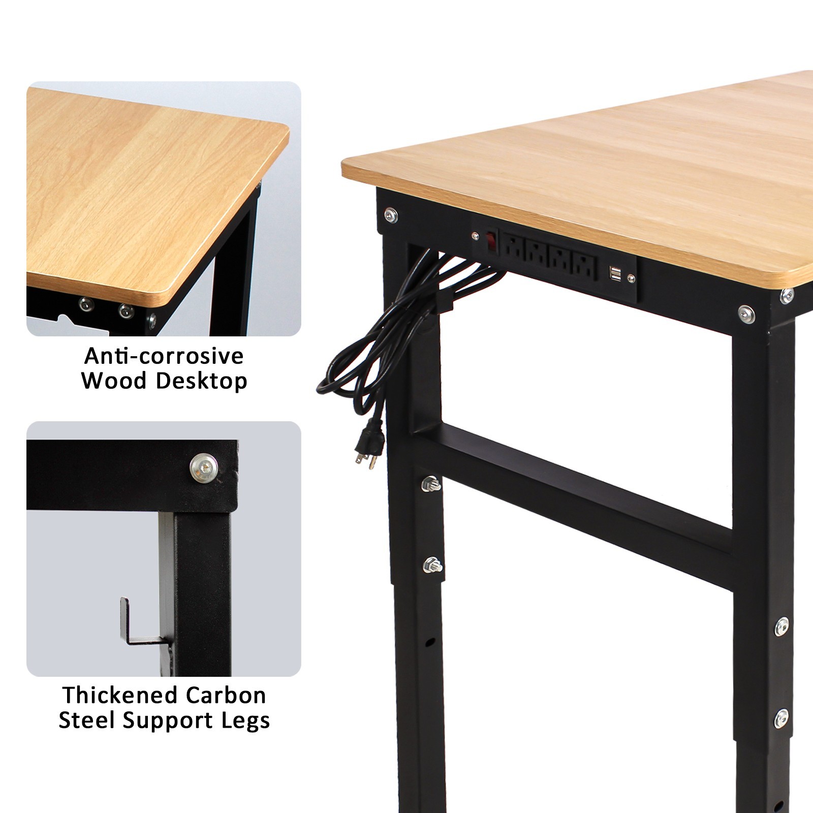 48''/60'' Adjustable Heigh Workbench with Power Outlet Hardwood Work Table