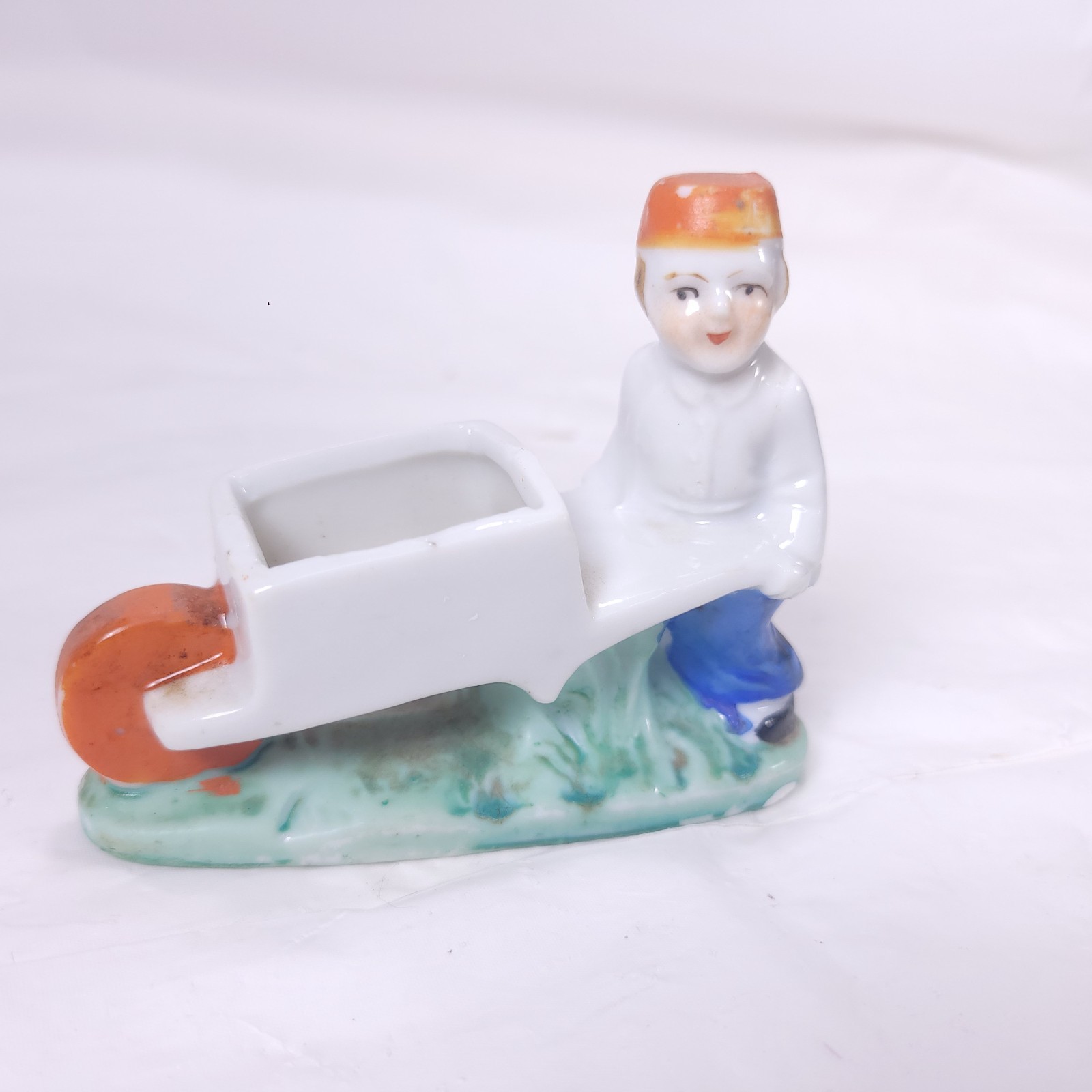 Vintage Porcelain Boy Wheelbarrow Pin Cushion Holder Miniature Planter Figurine