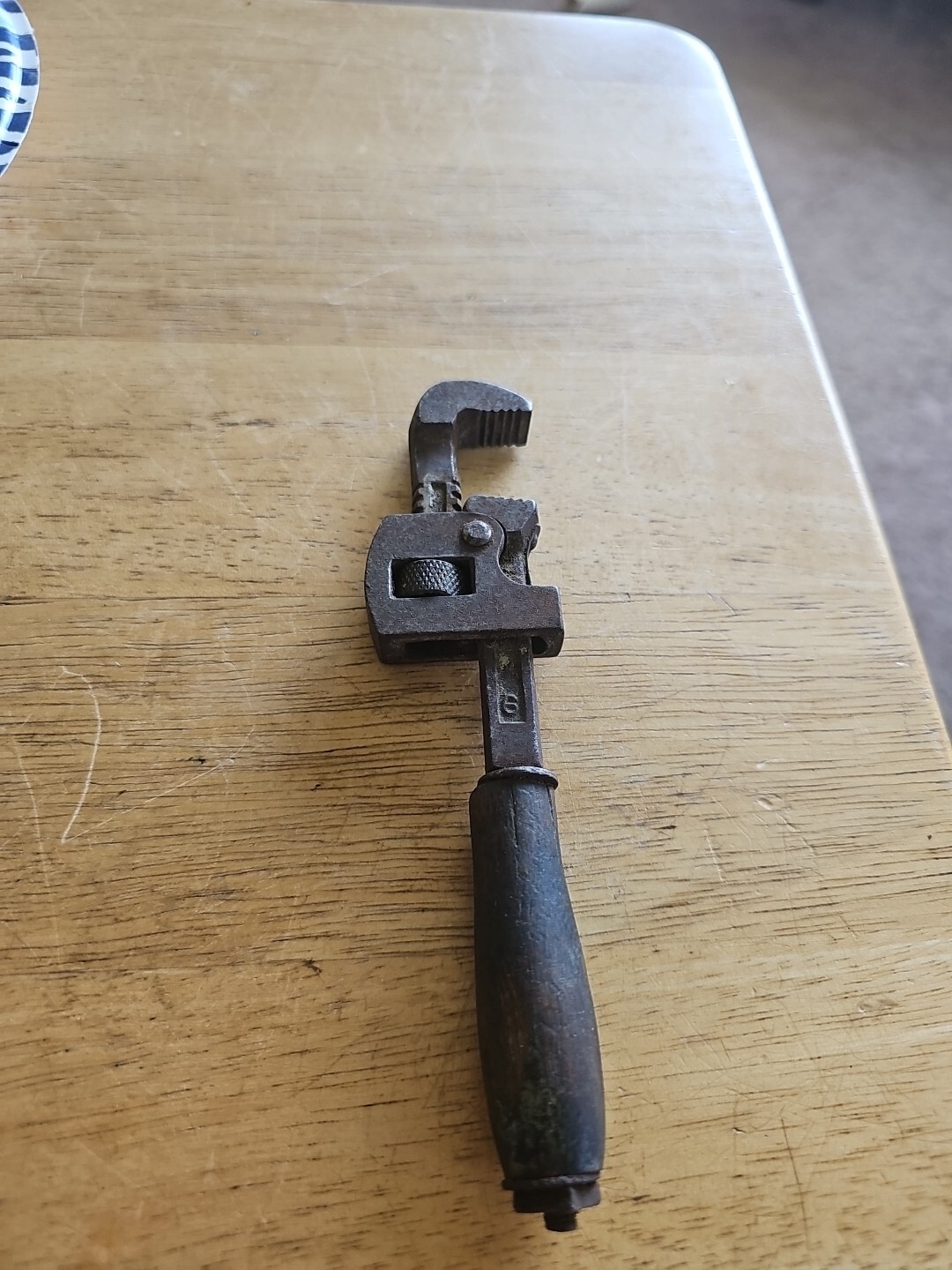 Vintage Small 6" Unbranded Monkey Wrench w/Wood Handle 1" Capacity & Good Jaws