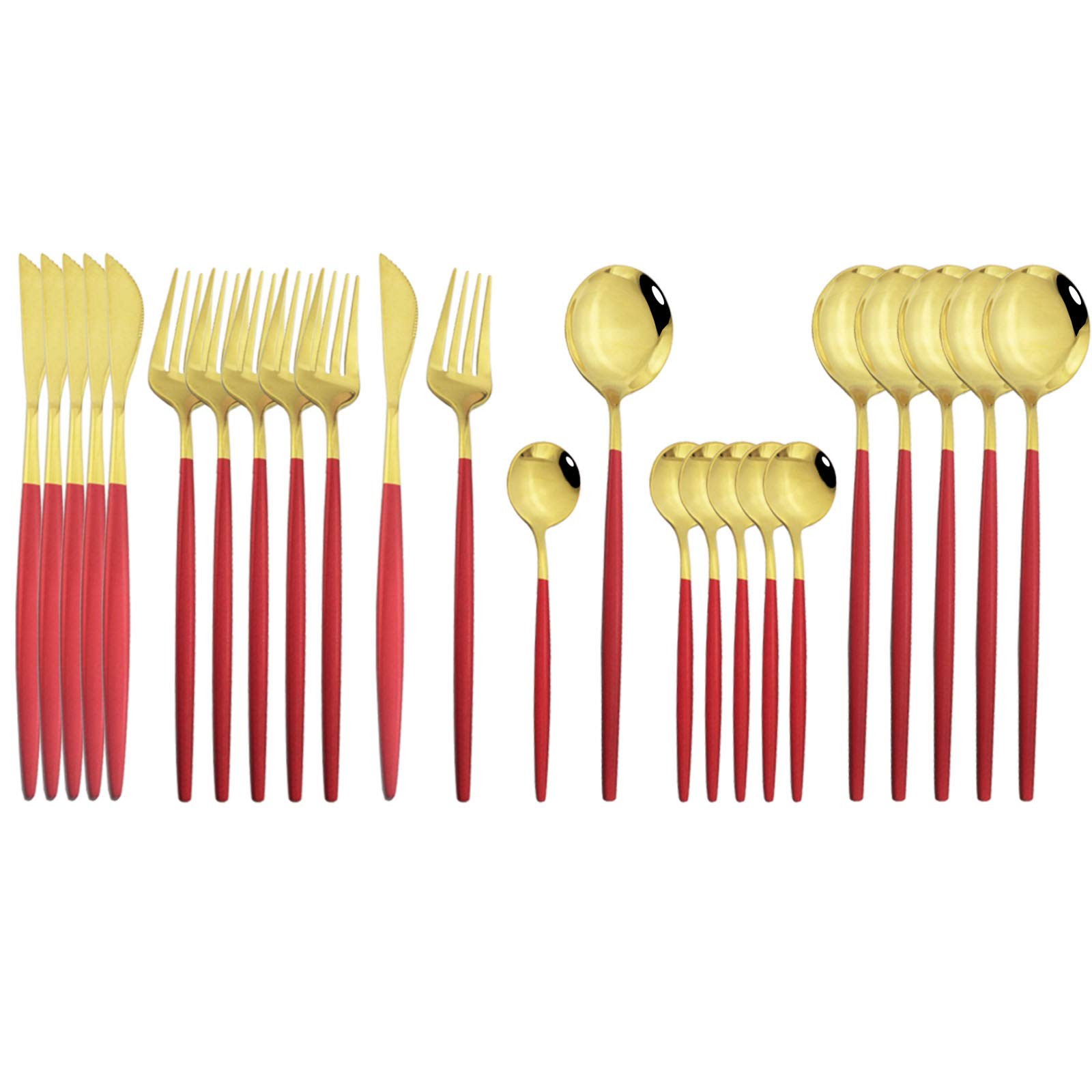 JASHII Flatware Serving Set 24 Piece, Stainless Steel Silverware Set, Red Gold C