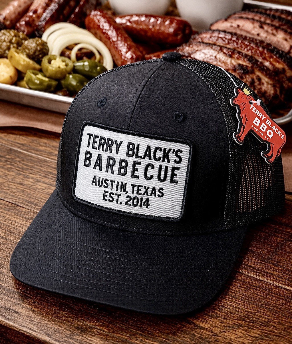 Terry Black’s Barbecue Black Patch Mesh Trucker Snapback Hat Austin Texas NWT