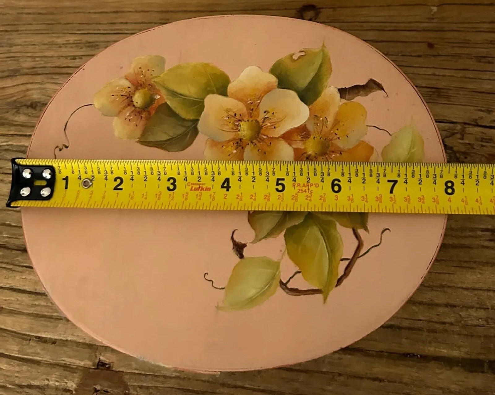 Vtg 1980s Oval Tolle Peach Hand Painted Shaker Wooden Fabic Lined Keepsake Box
