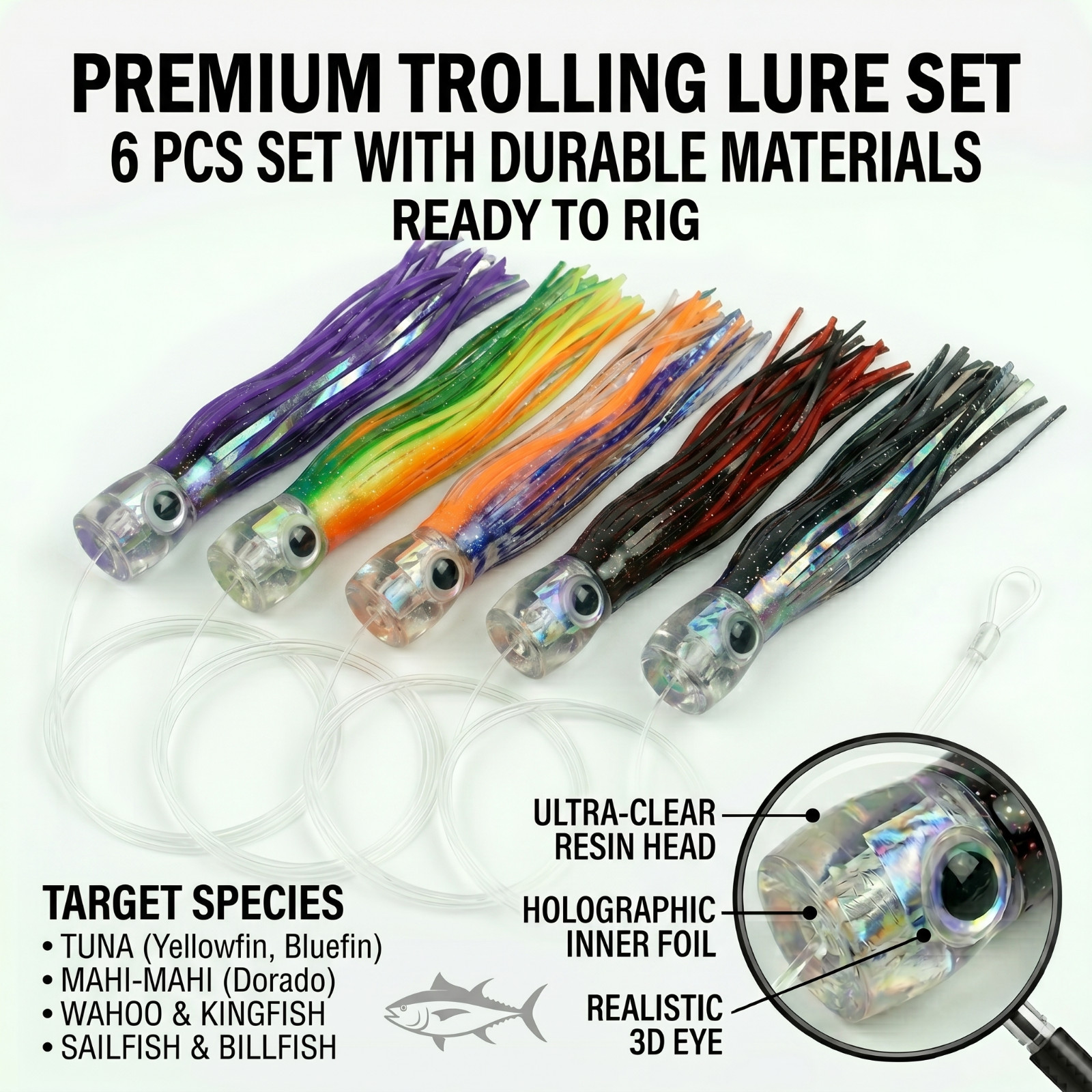 6PCS Offshore Trolling Lure Set – Tuna / Mahi / Wahoo – Multiple Size Variations