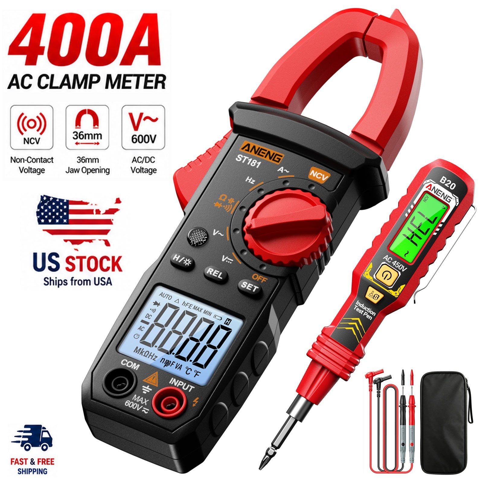 ANENG ST181 Clamp Meter + B20 Voltage Tester 4000 Counts NCV AC/DC Tester