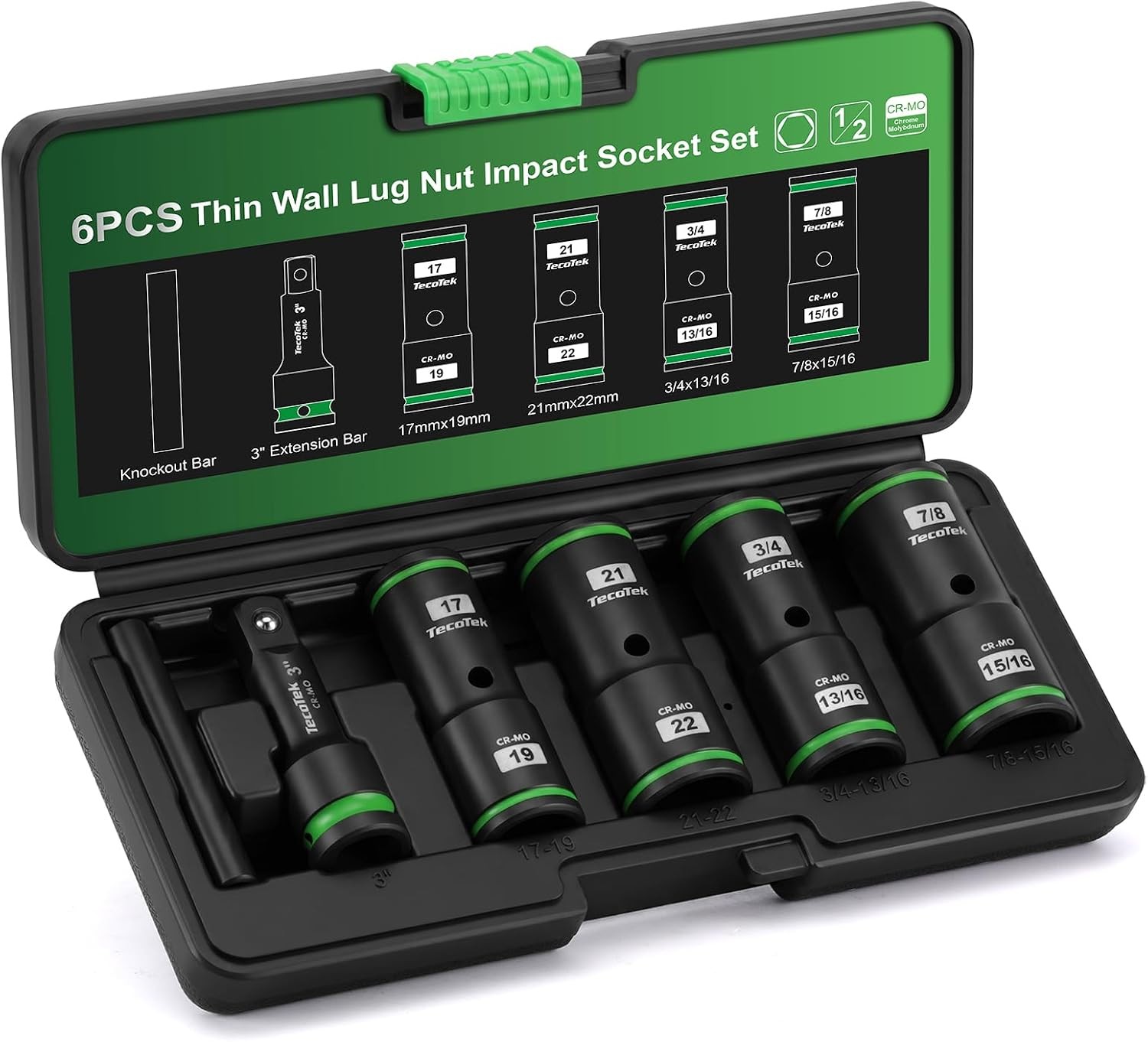 6PCS Thin Wall Lug Nut Impact Socket Set, 1/2" Drive Standard Metric & SAE