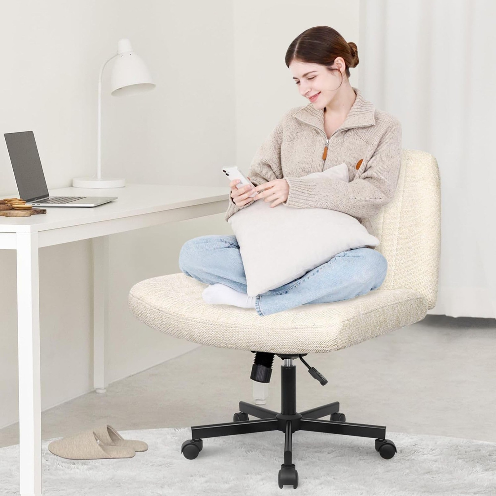 Criss Cross Chair Wheels Wide Cross Legged Office Desk Vanity Chair Comfy Fab...