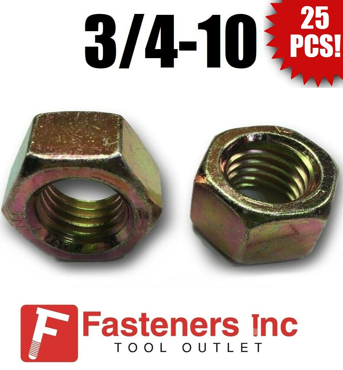 (Qty 25) 3/4-10 Grade 8 Finish Hex Nuts Yellow Zinc Plated Hardened