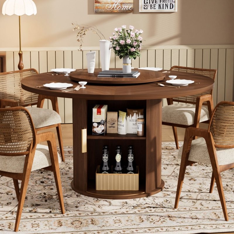 55" Round Dining Tables With Door, Double-tiered Storage Rack Rotating Tabletop