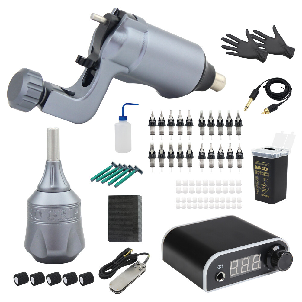 Pro Tattoo Complete Kit Rotary Machine Power Supply Pedal Needle Grip
