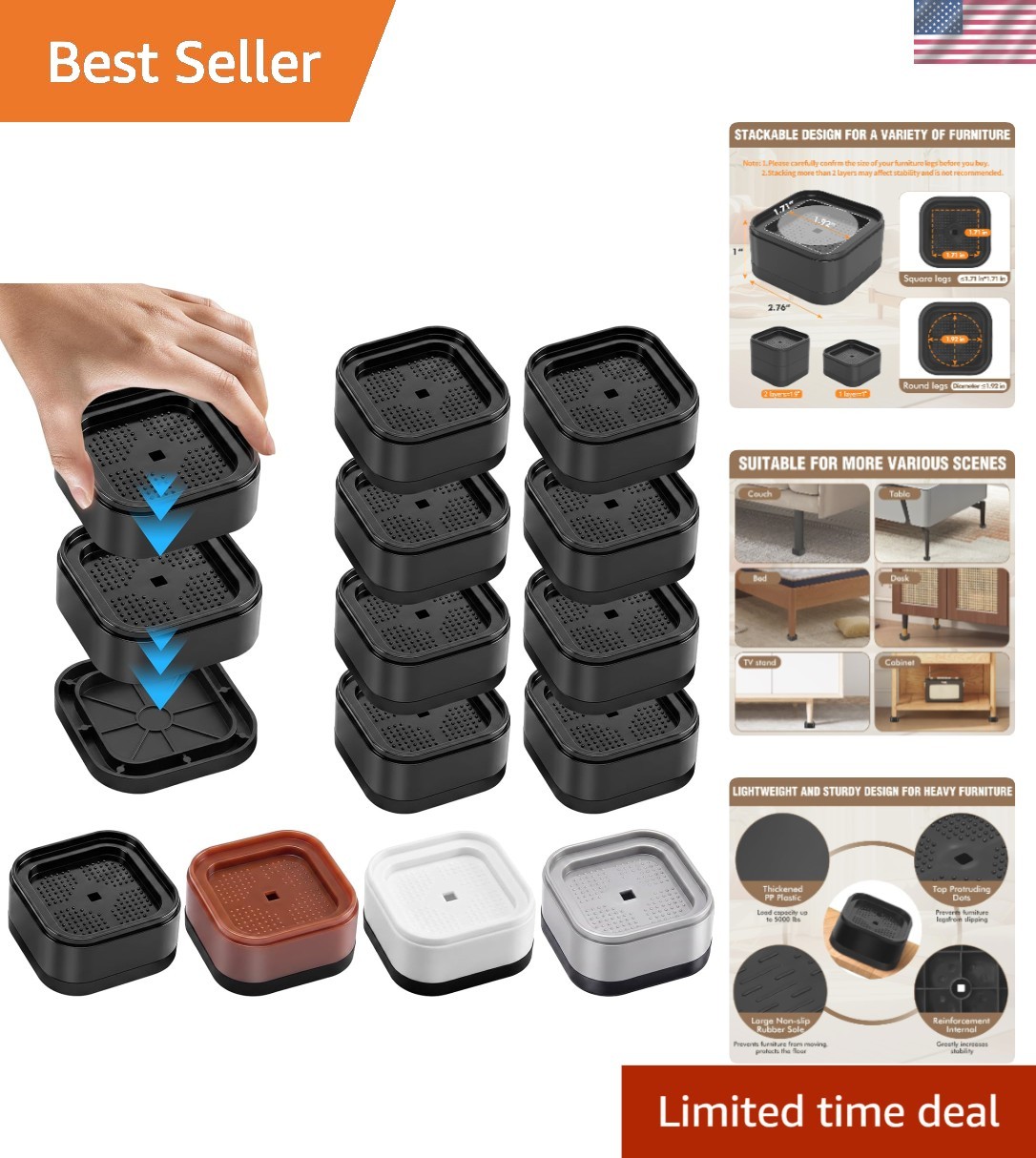 8 Pack Furniture Risers Adjustable Bed Risers Heavy Duty Lifts Height 1 or 2 ...
