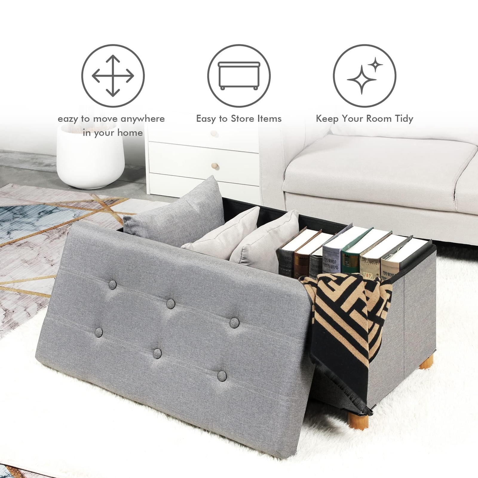 Ottoman With Storage Coffee Table Grey Footreststool Linen Toy Chest With Tray L