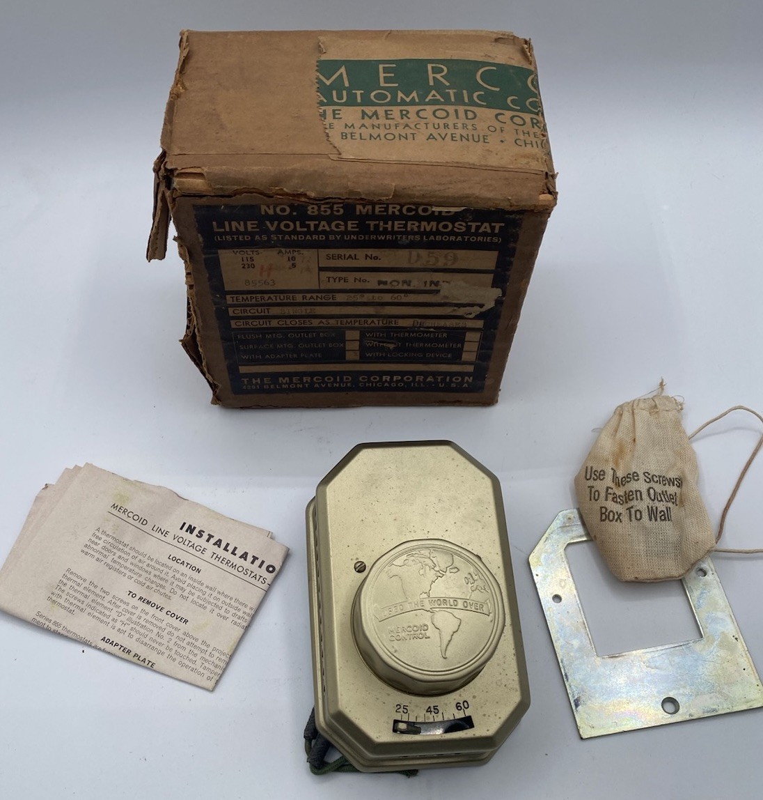 Vintage NOS Mercoid 855 Line Voltage Thermostat Complete Open Box