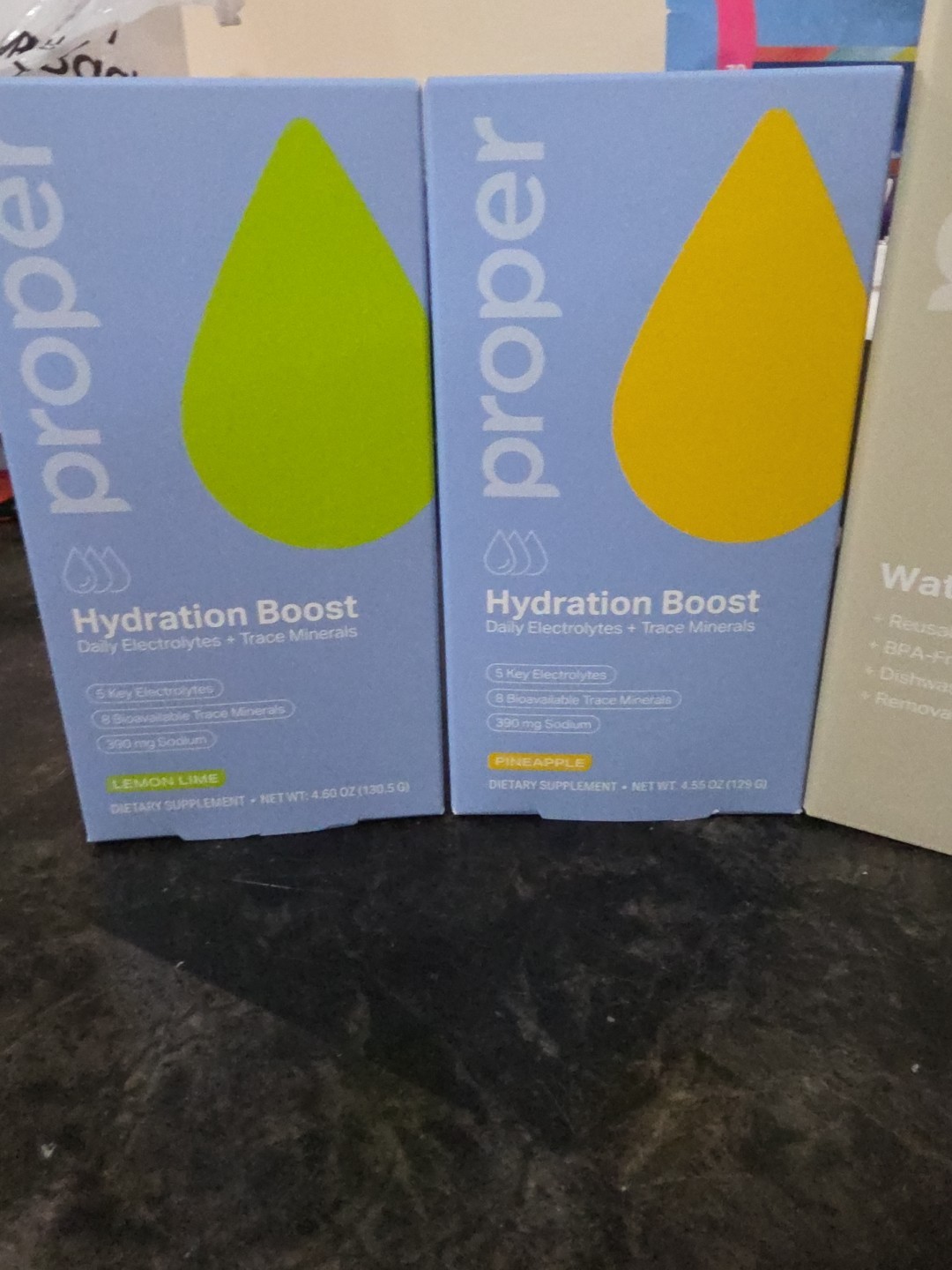 Proper Water Bottle And 60 Hydration Boost Stick Packs Lemon Lime Pineapple Etc